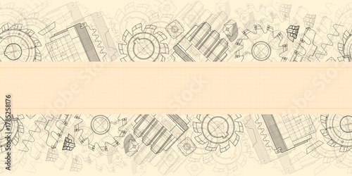 Mechanical engineering drawings on sepia background. Cutting tools, milling cutter. Technical Design. Cover. Blueprint. Horizontal seamless pattern. Vector illustration.