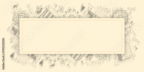 Mechanical engineering drawings on sepia background. Cutting tools, milling cutter. Technical Design. Cover. Blueprint. Horizontal seamless pattern. Vector illustration.