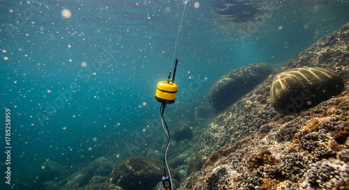 Underwater sensor deployed for environmental monitoring and data collection in ocean