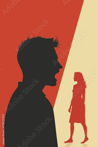 Silhouette illustration of a man shouting at a woman, symbolizing conflict, argument, emotional abuse, and relationship problems in a dramatic minimalistic style.