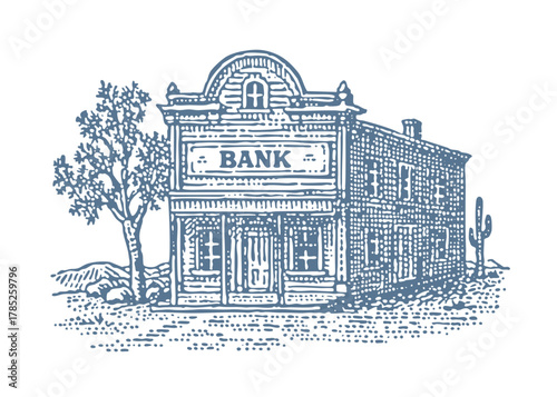 Bank illustration with a tree and cactus in the wild west. Vintage woodcut linocut engraving style vector illustration.