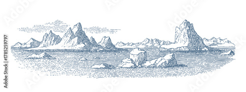 Arctic landscape with mountains and icebergs. Vintage woodcut linocut engraving style vector illustration.