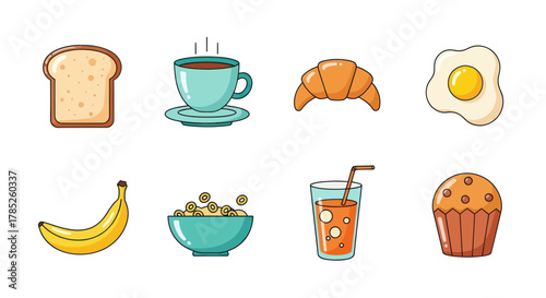Breakfast food items illustration bread coffee croissant egg and more