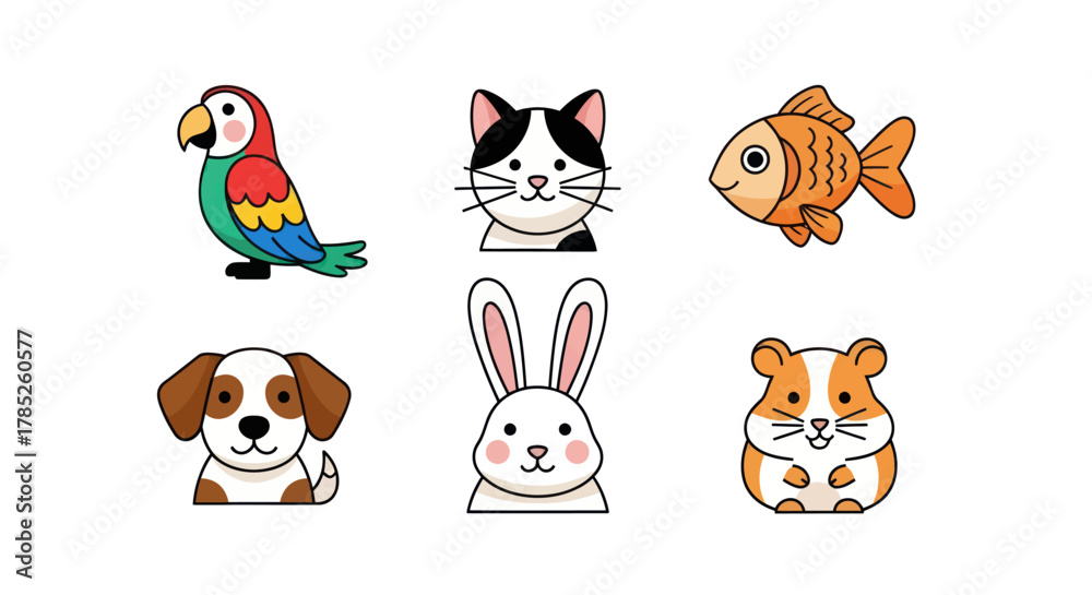 Fototapeta premium Cartoon animal collection illustrations featuring parrot cat fish dog rabbit and hamster