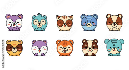 Cartoon animal characters in various colors and expressions on a white backdrop