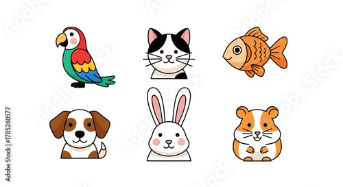 Cartoon animal collection illustrations featuring parrot cat fish dog rabbit and hamster