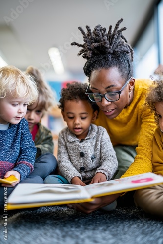 Preschool teacher reading a picture book to diverse group of children sitting on carpet in classroom, kids focused and engaged in early learning activity