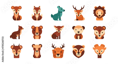 Cartoon animal illustrations various mammals deer fox lion bear dog isolated