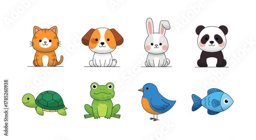 Cartoon animals collection cat dog rabbit panda turtle frog bird fish