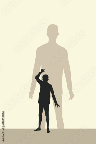 Conceptual illustration of a man facing his larger shadow, symbolizing inner fear, self-awareness, growth, and the confrontation of the subconscious mind in psychology.