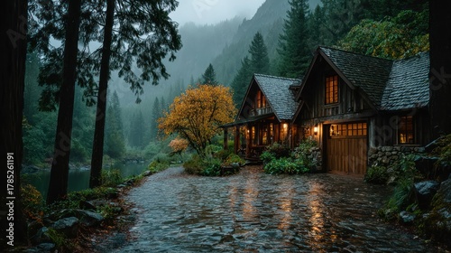 Cozy cabin nestled in a serene forest by a river on a rainy day or evening