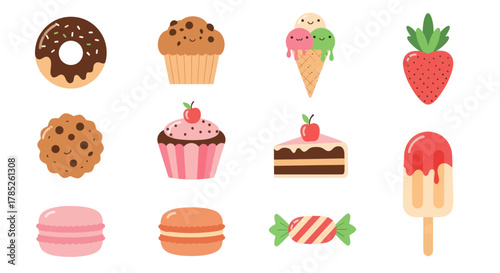 Assorted colorful dessert illustrations donut ice cream macaron sweets
