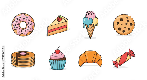 Assorted colorful desserts collection isolated on white background for design