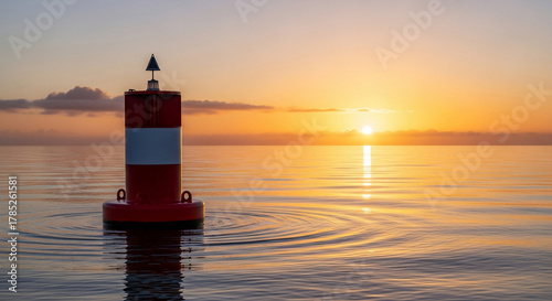 Fototapeta Naklejka Na Ścianę i Meble -  Red and white buoy on the water during a colorful sunset over the sea