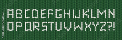 Christmas sweater font, alphabet with knitting pattern. Green wool jumper texture with white type. Woolen knitwear background with English font for winter ugly sweater, vector illustration