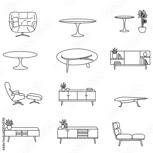 mid-century modern furniture showcasing stylish interior design arranged in a catalog layout against a white background perfect for design inspiration and moodboards