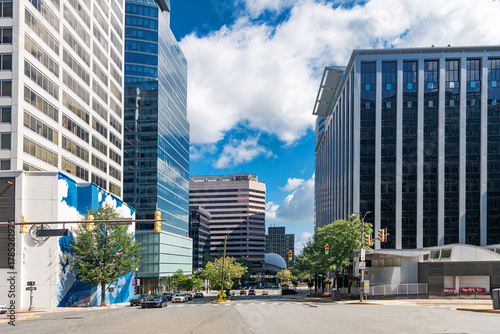  Commercial district in Arlington Virginia showing glass architecture and traffic movement
