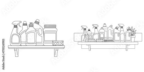 Shelf with cleaners and household chemicals, set of outline illustrations for cleaning service advertisement or home organization blog