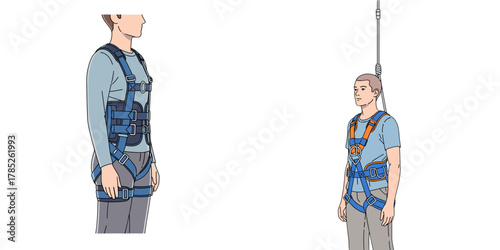 Person in support harness illustration set for safety equipment catalog, rope access training material, or medical rehabilitation concept
