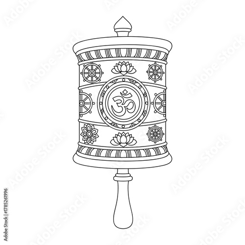 Tibetan Buddhist prayer wheel with symbols and Om sign for cultural design element, meditation app, or travel brochure