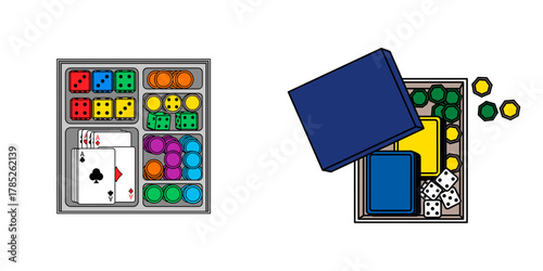 Game box open with dice, cards, and tokens for tabletop hobby design, entertainment blog, or family game night promotion