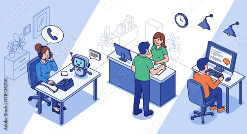 customer service illustration team providing assistance including chatbot in a bright office perfect for illustrating support and help desk solutions