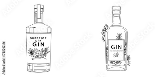 Gin bottle with label illustration set for distillery branding, cocktail recipe design, or liquor store advertisement