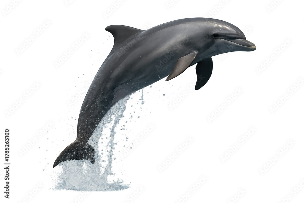 Fototapeta premium Bottlenose dolphin jumping out of water with arching body, showing graceful movement and marine life energy on transparent background