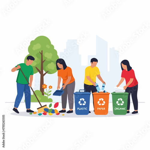 Group of diverse people cleaning up a park and sorting waste into recycling bins for plastic paper and organic materials.