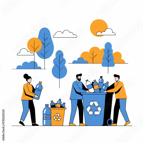 Group of people sorting plastic bottles into recycling bins outdoors.