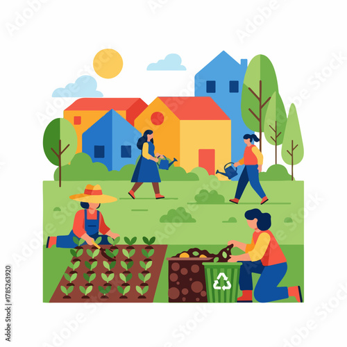 Women working together in a community garden planting vegetables and composting.