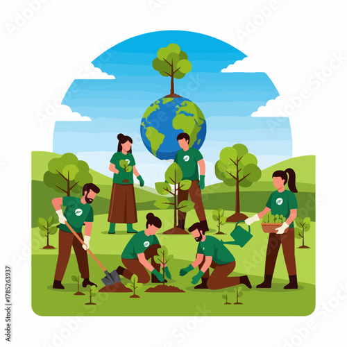 Community of volunteers planting trees together for environmental conservation and a greener planet.