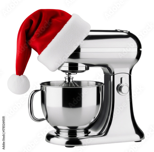 Chrome Kitchen Stand Mixer Wearing a Red Santa Claus Hat