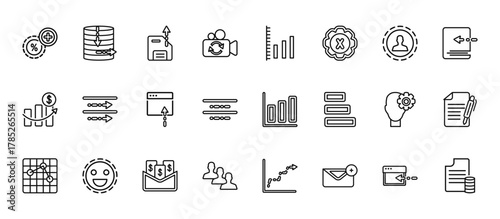 24 set of outline web user interface icons such as data collection, multiple variable lines, justified, brainstorming, humans vector thin icons for report, presentation, diagram, web design, mobile