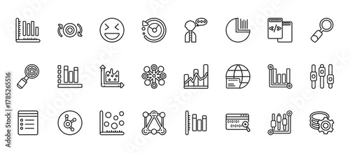 24 set of outline web user interface icons such as data looping interface, user data speech interface, vertical data bars, analytics dual bars, interconnected vector thin icons for report,