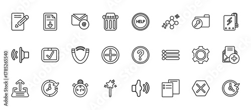 24 set of outline web user interface icons such as download archive, help web button, check box, tings cogwheel button, magic wand button vector thin icons for report, presentation, diagram, web