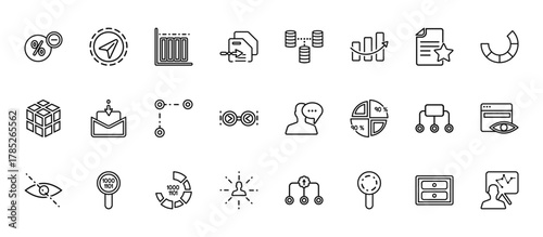24 set of outline web user interface icons such as flying origami airplane, data interconnected, mail inbox, connected data flow chart, user data analytics vector thin icons for report,