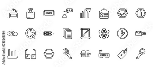 24 set of outline web user interface icons such as shaped paper clip, connection, check box with cursor, lightning flash, looking vector thin icons for report, presentation, diagram, web design,