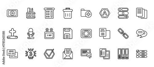 24 set of outline web user interface icons such as office material, add folder button, voice message microphone button, link button, letter envelope vector thin icons for report, presentation,