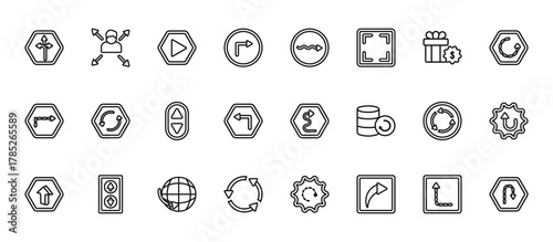 24 set of outline web user interface icons such as multitasking worker, undulating arrow, rotating arrows, continuous, clockwise angled arrows vector thin icons for report, presentation, diagram,