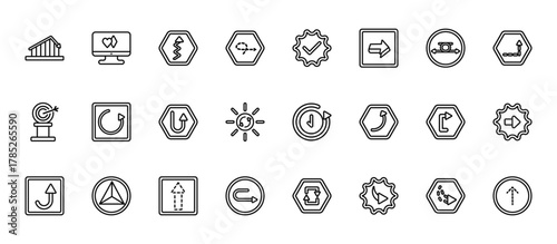 24 set of outline web user interface icons such as online gambling, check mark arrow, spinning arrows, loop right arrow, rotated right arrow vector thin icons for report, presentation, diagram, web