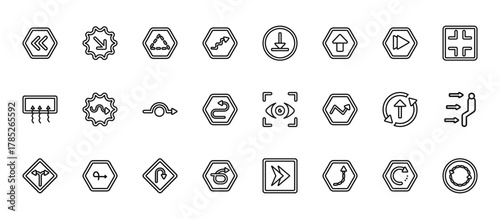 24 set of outline web user interface icons such as down right arrow, downward rotation, scribble right arrow, updating arrow, right loop vector thin icons for report, presentation, diagram, web