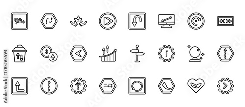 24 set of outline web user interface icons such as curved arrow with broken line, curved downward arrow, improve incomes, psychic, crossover vector thin icons for report, presentation, diagram, web