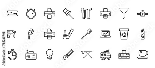 24 set of outline web tools and utensils icons such as stopwatch, hosepipe tool to extinguish fire or gardening, microphone of vintage de, recycling can, writing tools vector thin icons for report,