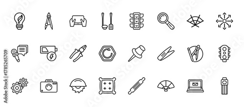 24 set of outline web tools and utensils icons such as maths compass tool, semaphore lights, battery charging, compass mathematics tool for drawing circles, cushion vector thin icons for report,