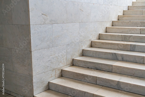 Indoor image of ascending marble stairs with darker outlines, in even lighting