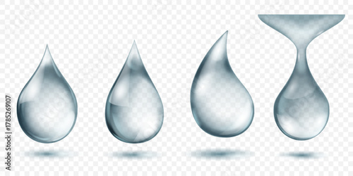 Set of drops of gray water, with detailed highlights and gradients for a 3D effect, set against a transparent background with subtle shadow reflections below. Transparency only in vector format.