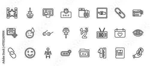 24 set of outline web user interface icons such as mouse arrow, pointing up arrow, round left button, two left arrows, arrow address back vector thin icons for report, presentation, diagram, web