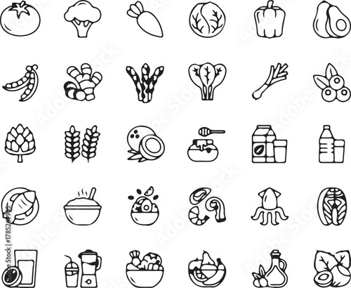 Collection of black and white food and drink icons tomato broccoli