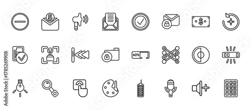 24 set of outline web user interface icons such as envelope with message, tick mark, face detection, hue circle, artist paint palette vector thin icons for report, presentation, diagram, web design,